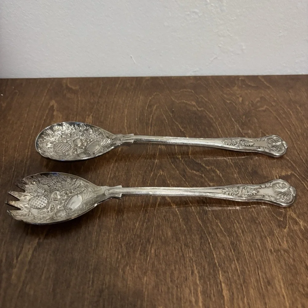 Vintage England Silver Plated Salad Servers Berry Spoon Fork 9.75